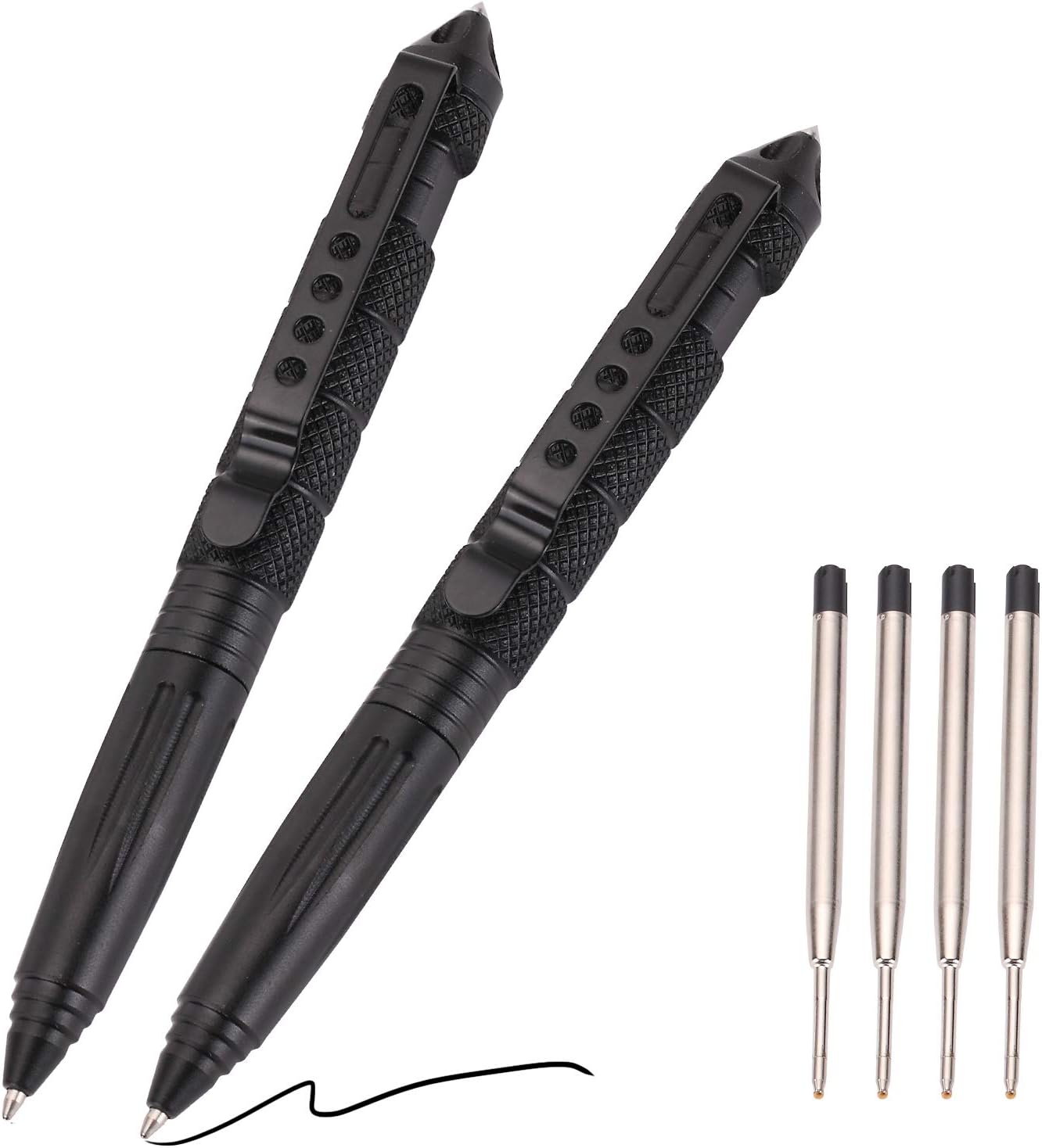 2 Pack Military Tactical Pen Set with 6 Black Ballpoint Refills for Writing, Made of Tungsten Steel Aluminum (Black, Pack of 2) 2 Pack Military Tactical Pen Set with 6 Black Ballpoint Refills for Writing, Made of Tungsten Steel Aluminum (Black, Pack of 2)