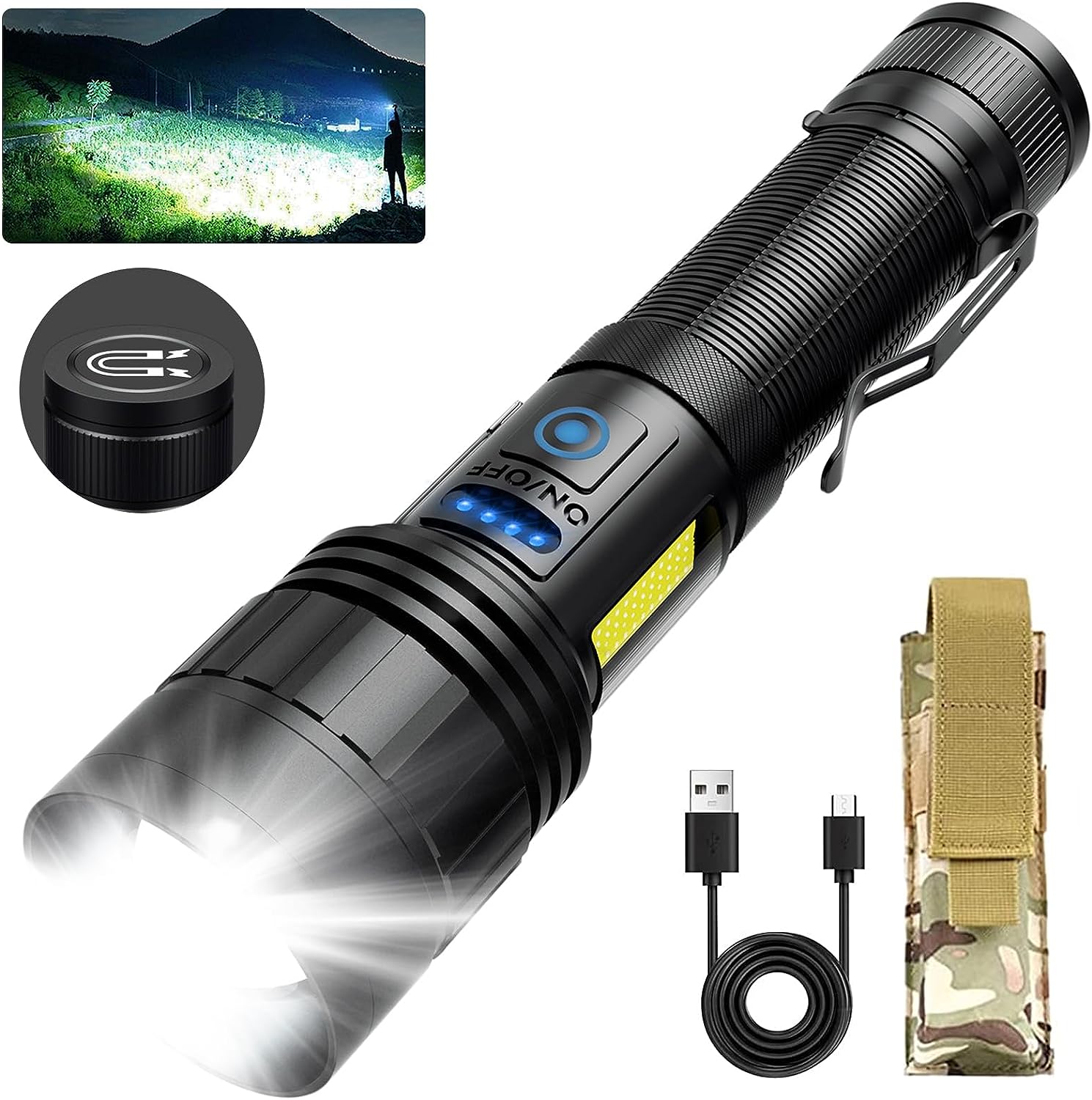 BERCOL Rechargeable Flashlights High Lumen, 200000 Lumens Super Bright Magnetic Flash Light, 7 Modes with 2 Cob Work Light, Powerful Led Flashlight with Holster for Camping, Gift Men Dad Husband Him