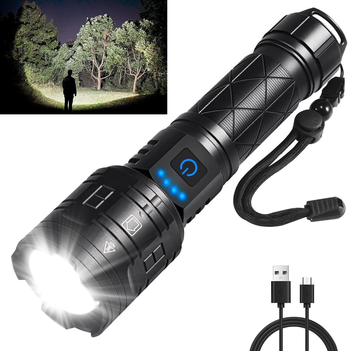 Rechargeable Flashlights High lumens, 250000LM Powerful Tactical Flashlights, 5 Modes LED Flashlight Zoomable, Brightest Flashlight Waterproof, Handheld Flash light for Emergencies, Camping, Hiking Rechargeable Flashlights High lumens, 250000LM Powerful Tactical Flashlights, 5 Modes LED Flashlight Zoomable, Brightest Flashlight Waterproof, Handheld Flash light for Emergencies, Camping, Hiking