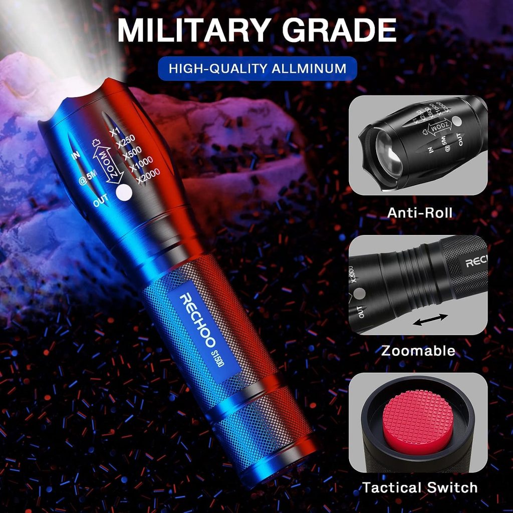 RECHOO Tactical Flashlights 4 Pack, Bright Zoomable LED Flashlights with High Lumens and 5 Modes, Waterproof Portable Pocket Flash Light for Emergency, Camping, and Outdoor Use - S1500 RECHOO Tactical Flashlights 4 Pack, Bright Zoomable LED Flashlights with High Lumens and 5 Modes, Waterproof Portable Pocket Flash Light for Emergency, Camping, and Outdoor Use - S1500