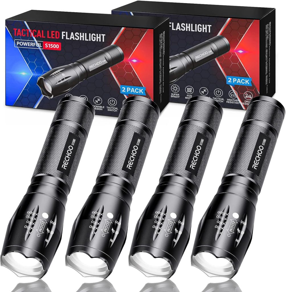 RECHOO Tactical Flashlights 4 Pack, Bright Zoomable LED Flashlights with High Lumens and 5 Modes, Waterproof Portable Pocket Flash Light for Emergency, Camping, and Outdoor Use - S1500 RECHOO Tactical Flashlights 4 Pack, Bright Zoomable LED Flashlights with High Lumens and 5 Modes, Waterproof Portable Pocket Flash Light for Emergency, Camping, and Outdoor Use - S1500