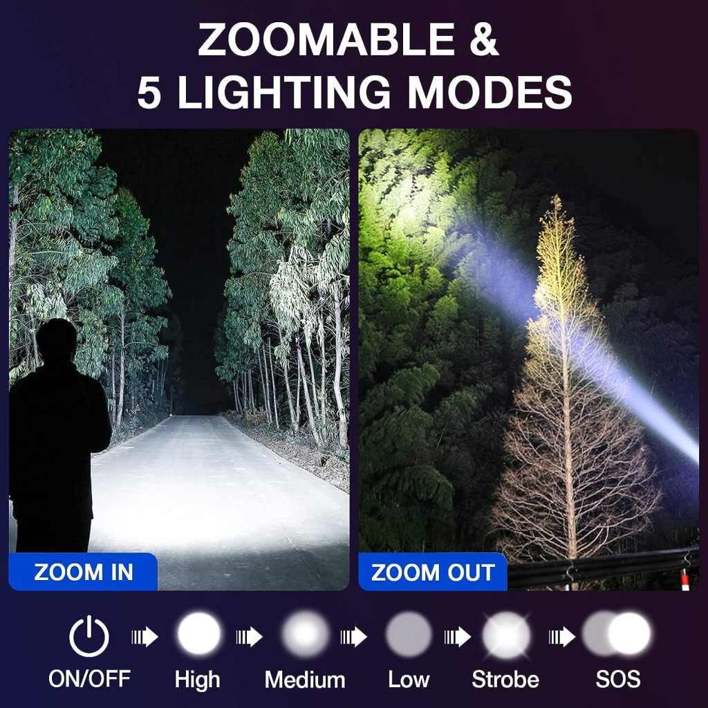 RECHOO Tactical Flashlights 4 Pack, Bright Zoomable LED Flashlights with High Lumens and 5 Modes, Waterproof Portable Pocket Flash Light for Emergency, Camping, and Outdoor Use - S1500 RECHOO Tactical Flashlights 4 Pack, Bright Zoomable LED Flashlights with High Lumens and 5 Modes, Waterproof Portable Pocket Flash Light for Emergency, Camping, and Outdoor Use - S1500