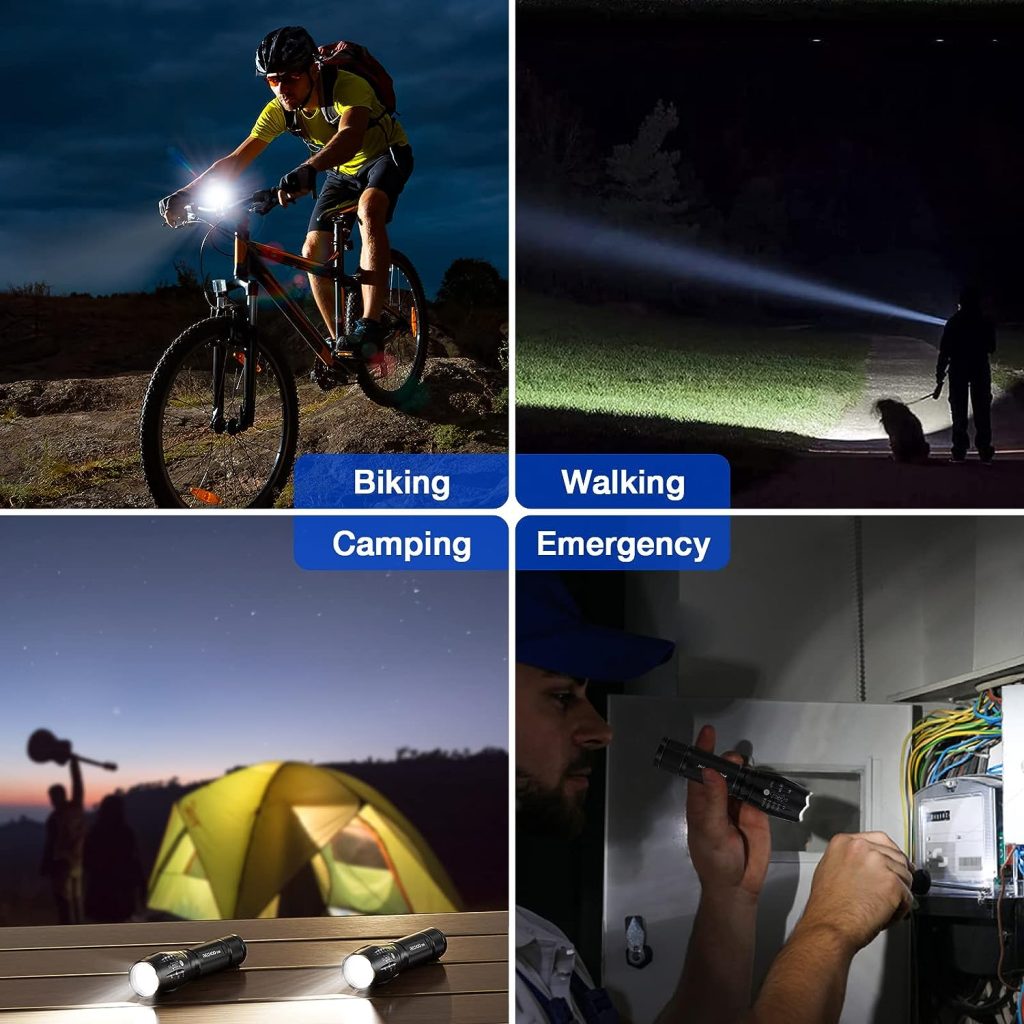 RECHOO Tactical Flashlights 4 Pack, Bright Zoomable LED Flashlights with High Lumens and 5 Modes, Waterproof Portable Pocket Flash Light for Emergency, Camping, and Outdoor Use - S1500 RECHOO Tactical Flashlights 4 Pack, Bright Zoomable LED Flashlights with High Lumens and 5 Modes, Waterproof Portable Pocket Flash Light for Emergency, Camping, and Outdoor Use - S1500