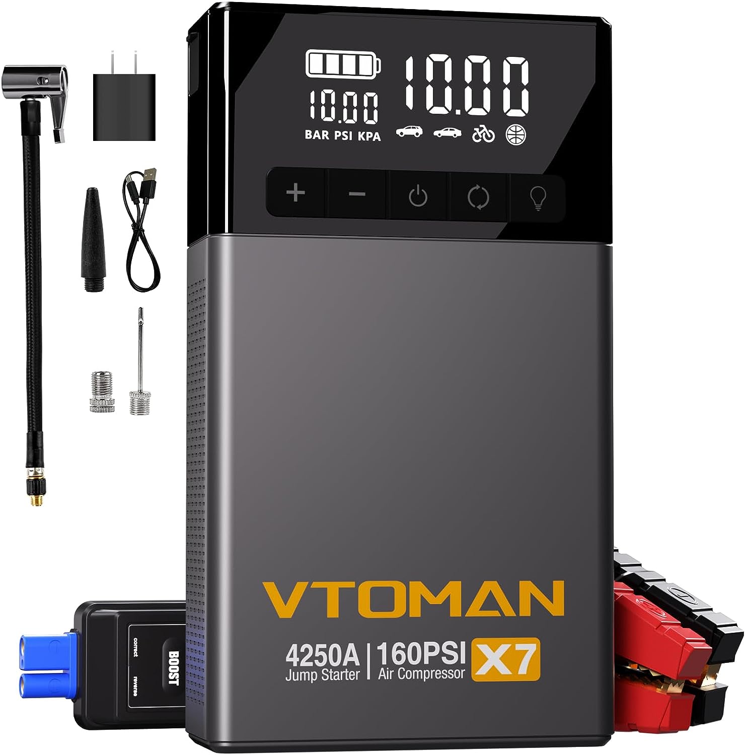 VTOMAN X7 Jump Starter with Air Compressor, 4250A Portable Car Starter with 160PSI Digital Tire Inflator,12V Lithium Battery Charger Booster Box with Type-C Quick Charge (Up 10L Gas/10L Diesel Engine) VTOMAN X7 Jump Starter with Air Compressor, 4250A Portable Car Starter with 160PSI Digital Tire Inflator,12V Lithium Battery Charger Booster Box with Type-C Quick Charge (Up 10L Gas/10L Diesel Engine)